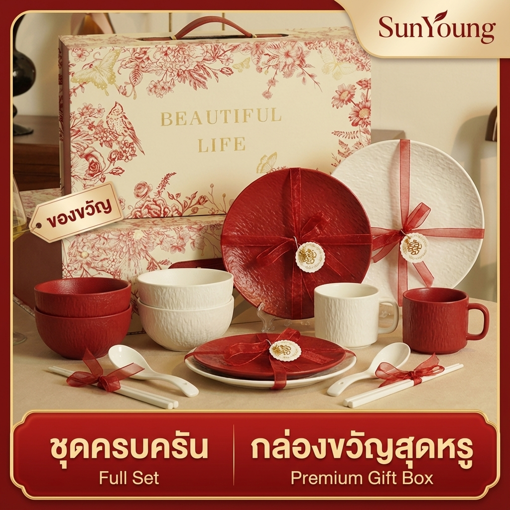 ชุดจานชามเซรามิก ลายหินแดงขาว 🍽️ จานตื้น ถ้วยข้าว สวยมินิมอล เข้าไมโครเวฟได้ ✨ ของขวัญขึ้นบ้านใหม่ หรูหรา