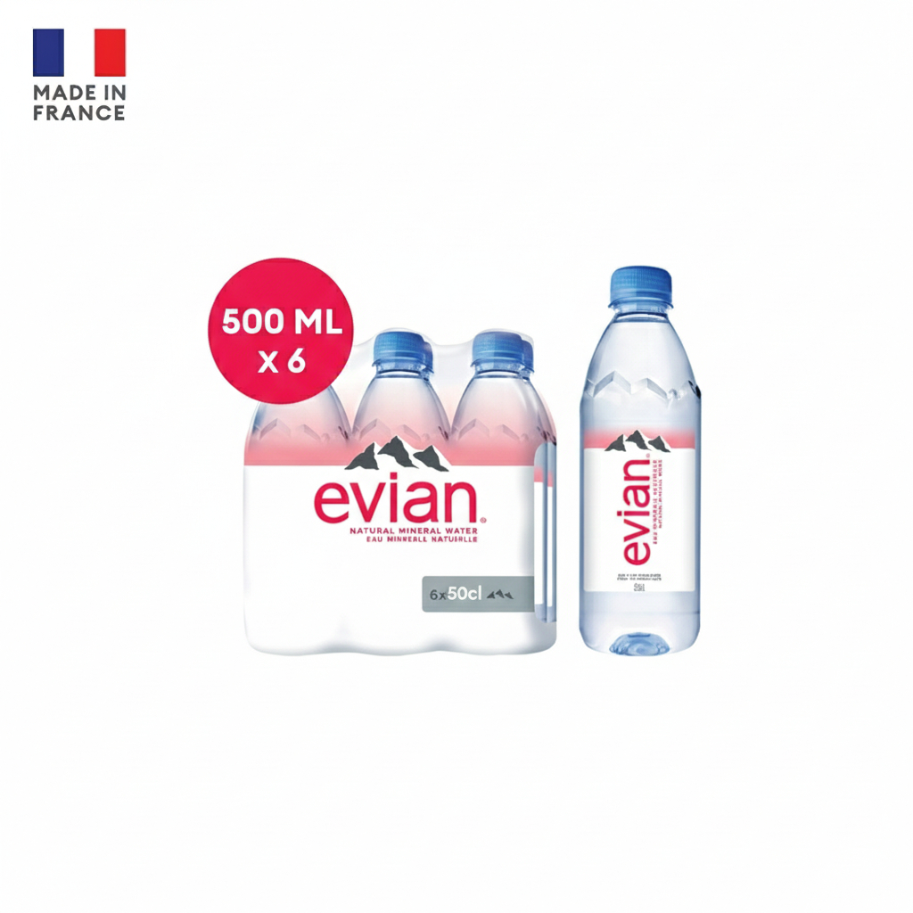 [ช้อป 3,000 ส่งฟรี กทม. และปริมณฑลบางพื้นที่] Evian Natural Mineral Water เอเวียง น้ำแร่ธรรมชาติ 500 มล. x 6 ขวด