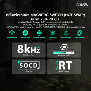 [สินค้าประกันศูนย์ 1 ปี] SARU คีย์บอร์ดเกมมิ่ง KX78HE – Hall Effect Sensors COMPACT 75% Polling Rate สูงสุดถึง 8K