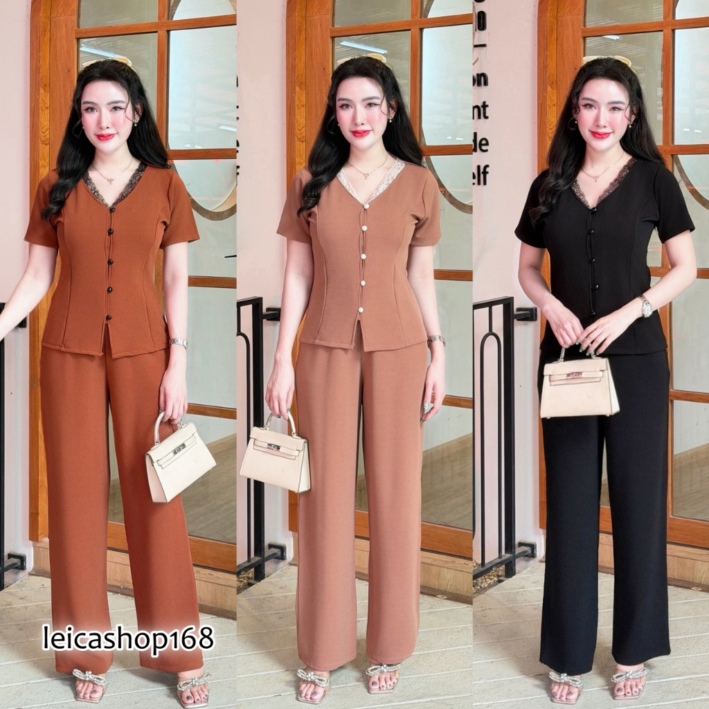 สินค้าพร้อมส่ง ชุดเซตยาว ผ้าวูลเวฟ คอวีแต่งลูกไม้ ทรงเข้ารูป กระดุมหน้า+กางเกงเอวเรียบสม็อคหลังมีกระเป๋า A7339