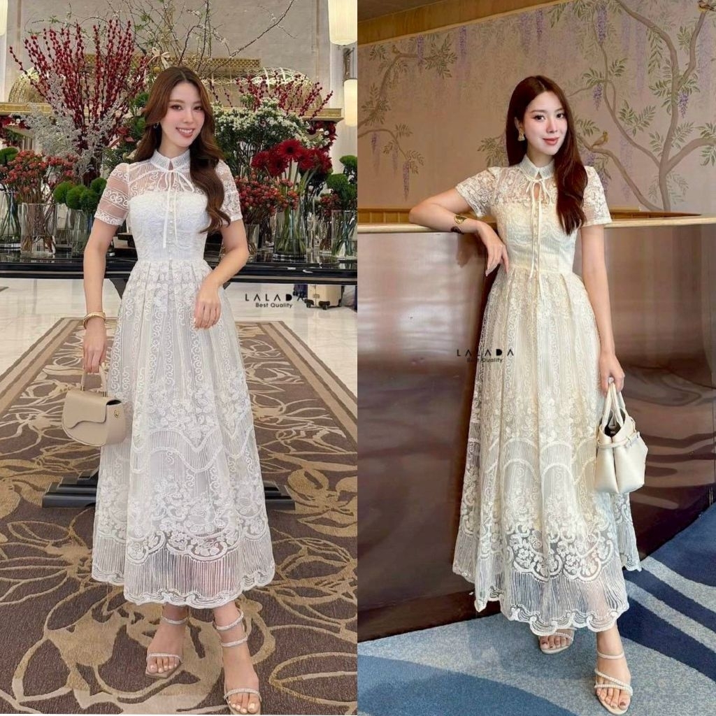 LALADA เดรสเรียบหรู มีแขน ผ้าลูกไม้อย่างดี