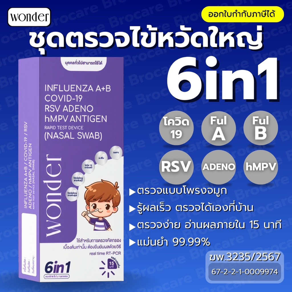 ชุดตรวจเด็กและผู้ใหญ่   6 เชื้อ ไข้หวัด A，B ，RSV, Covid-19 อะดิโน hMPV  ชุดตรวจวันเดอร์ ATK wonder h