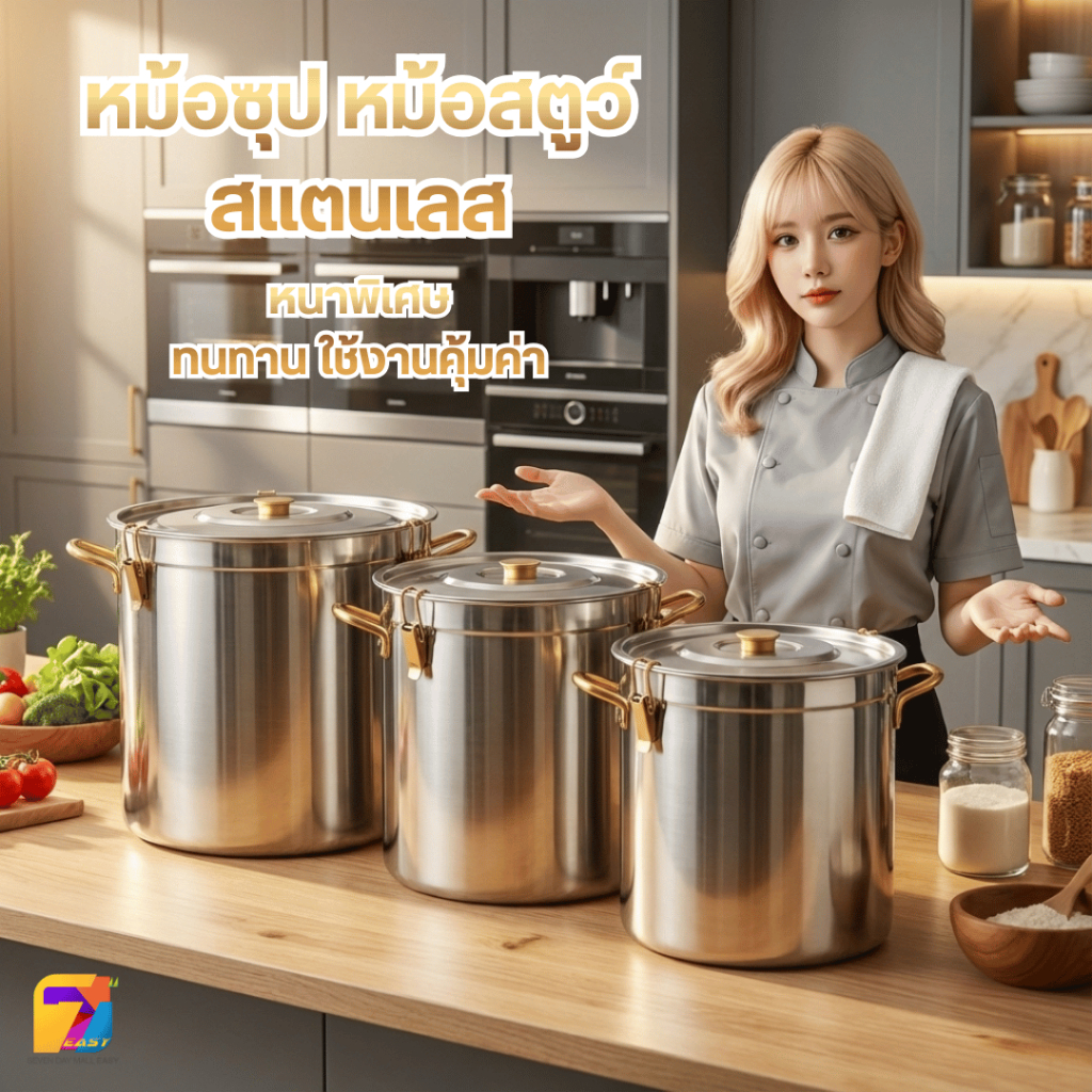 หม้อซุป หม้อสแตนเลสแท้ หูทอง รุ่นหนาพิเศษ (30-60L) หม้อทรงสูง หม้อสตูว์ทรงสูง พร้อมฝาล็อค เกรดโรงแรม พร้อมส่งในไทย