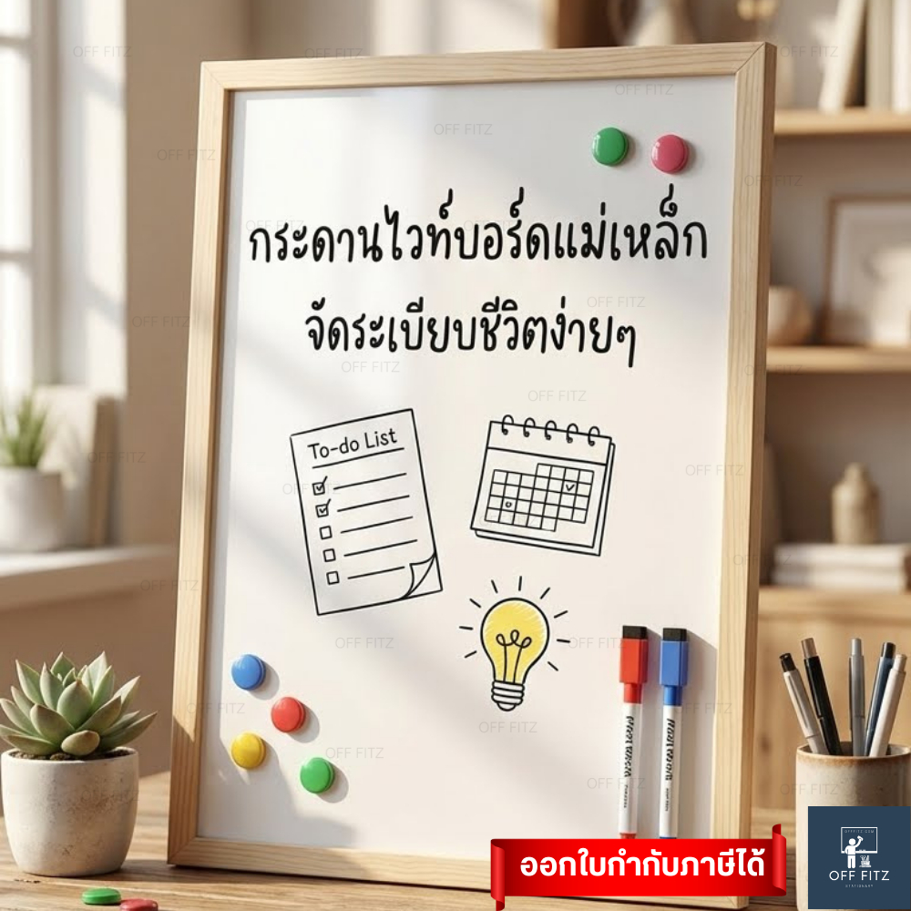 กระดานไวท์บอร์ดแม่เหล็ก ขอบไม้ เขียน-ลบได้