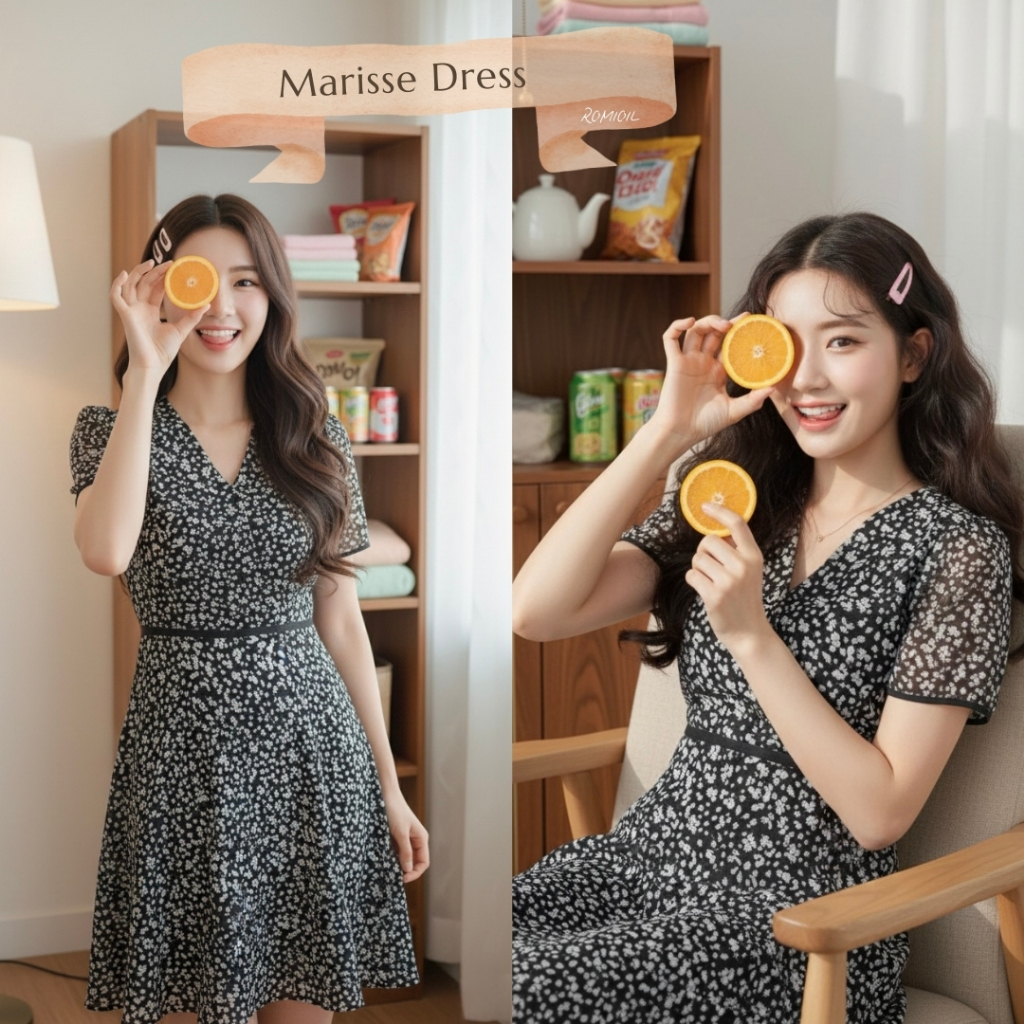 "Romi"Oil" Marisse Dress (black) K373 ชุดเดรสลายดอกเล็ก (คอป้ายมีขอบเอว)