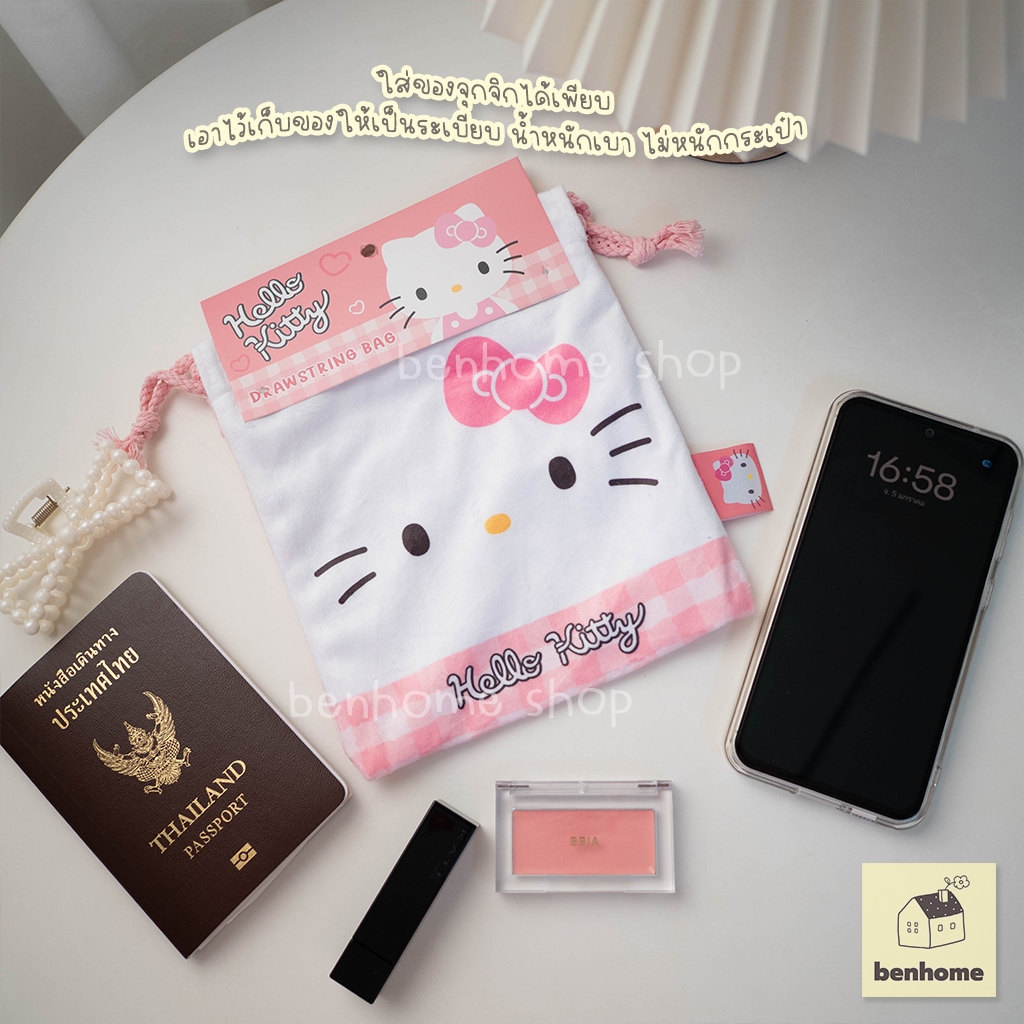 MOSHI MOSHI ถุงผ้ากำมะหยี่ลาย Hello Kitty เฮลโล คิตตี้ (พร้อมส่ง) - รูปที่ 4
