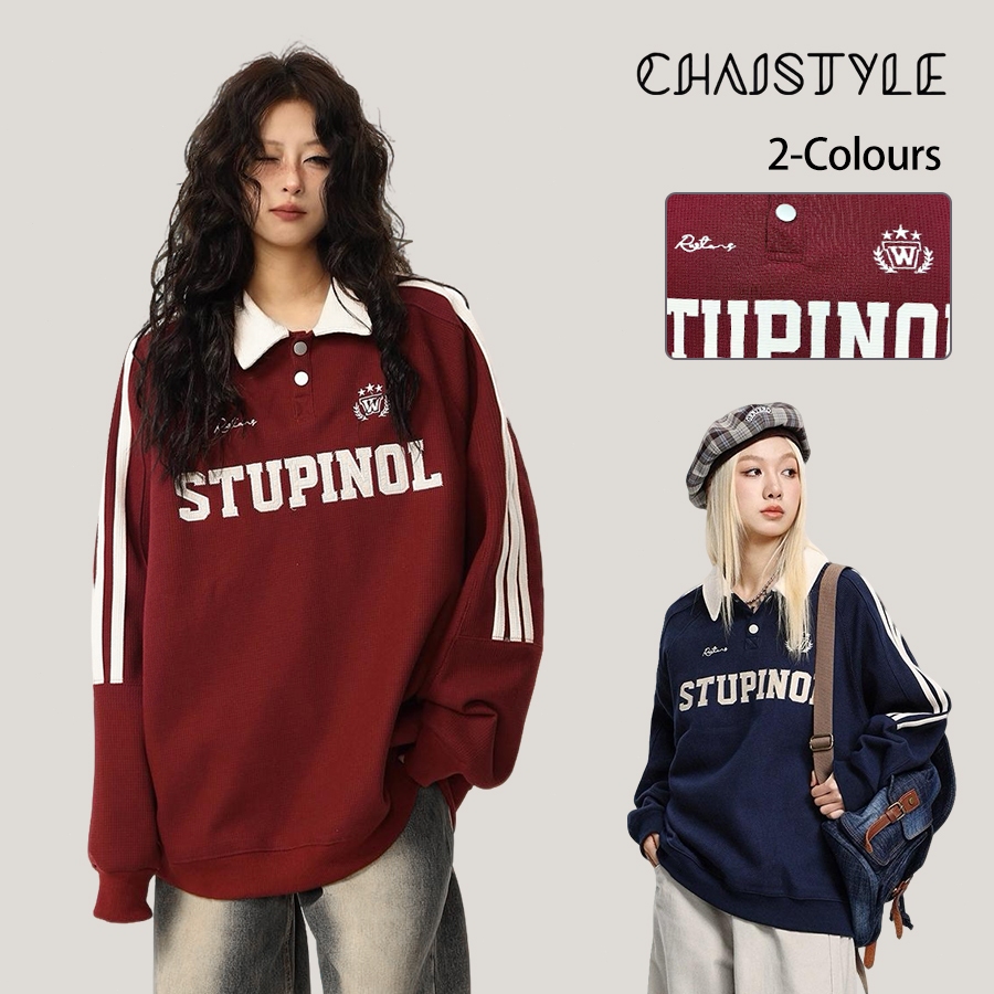 Chaistyle เสื้อแฟชั่น POLO วินเทจ ชุดคู่รัก สันทนาการ ผ้าลายวาฟเฟิล