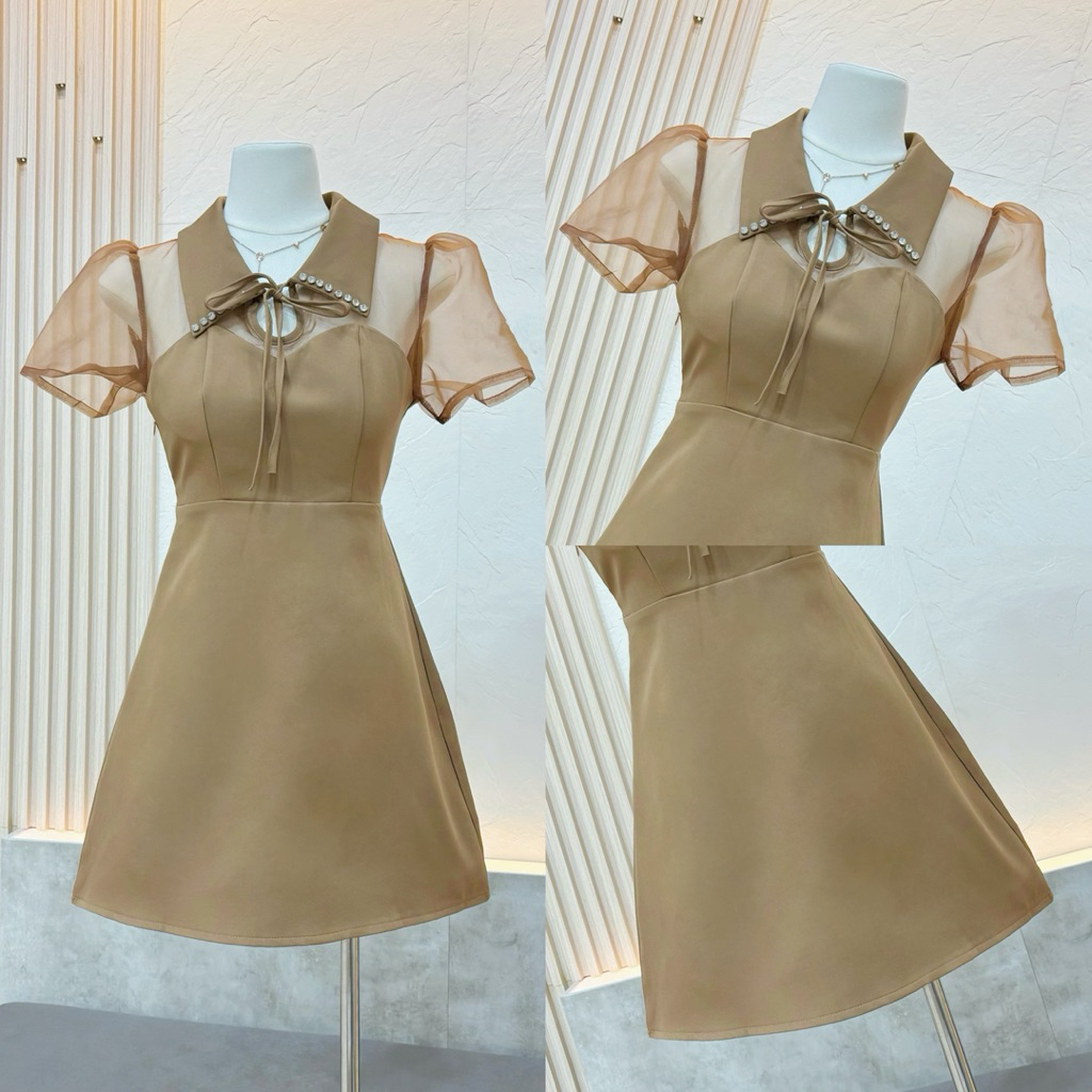 A054 LUNA.BRAND ชุดเดรสกระโปรงคอปกผูกโบว์แต่งเพชรคริสตัล แขนตุ๊กตาผ้าชีฟอง เรียบหรูผู้ดีสุดๆ ใส่ออกงาน คาเฟ่ ทำงาน - รูปที่ 4