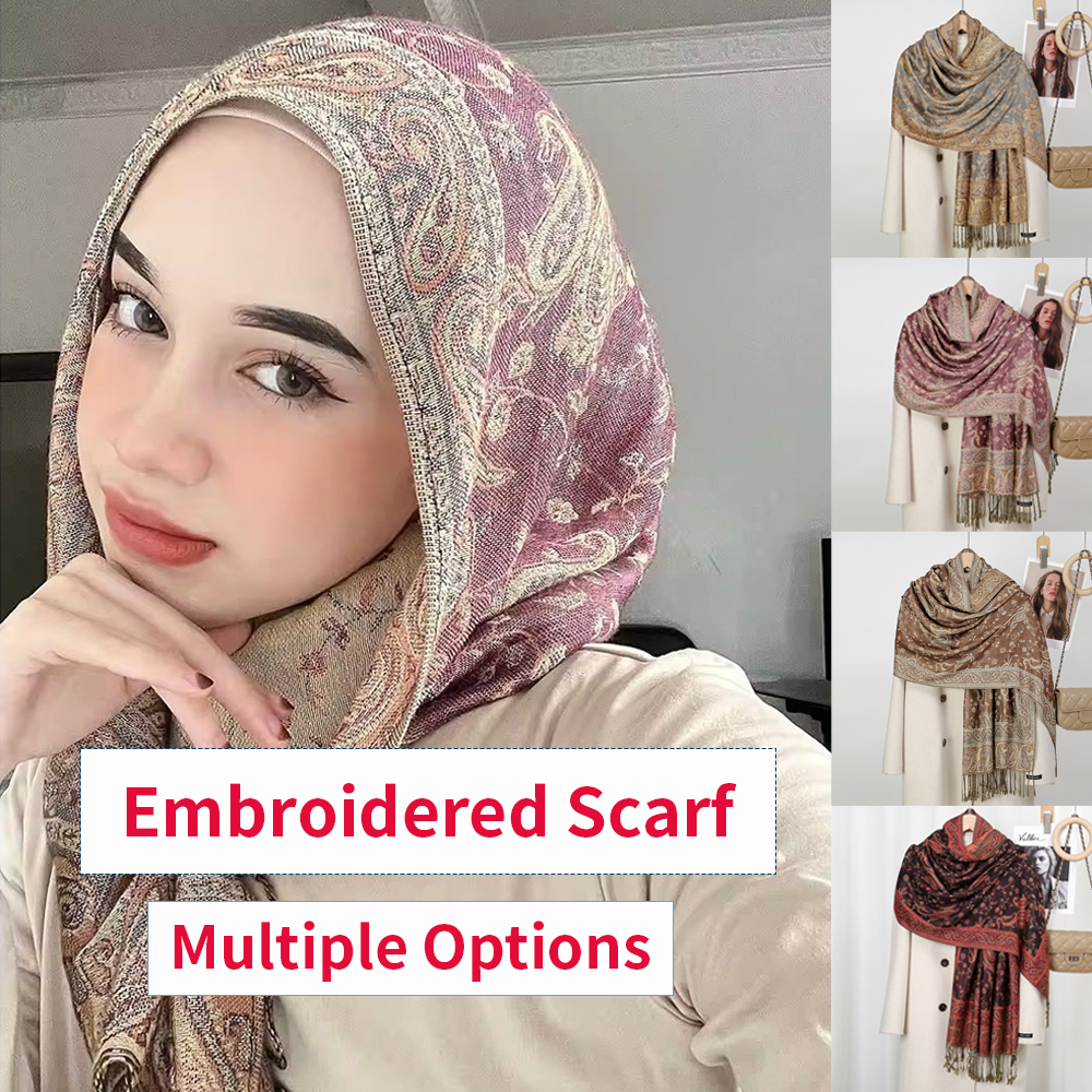 Jacquard ยาวหายใจHijab วินเทจ Cashew Tassels Shawl ผู้หญิงมุสลิม soft Pashmina Shawl