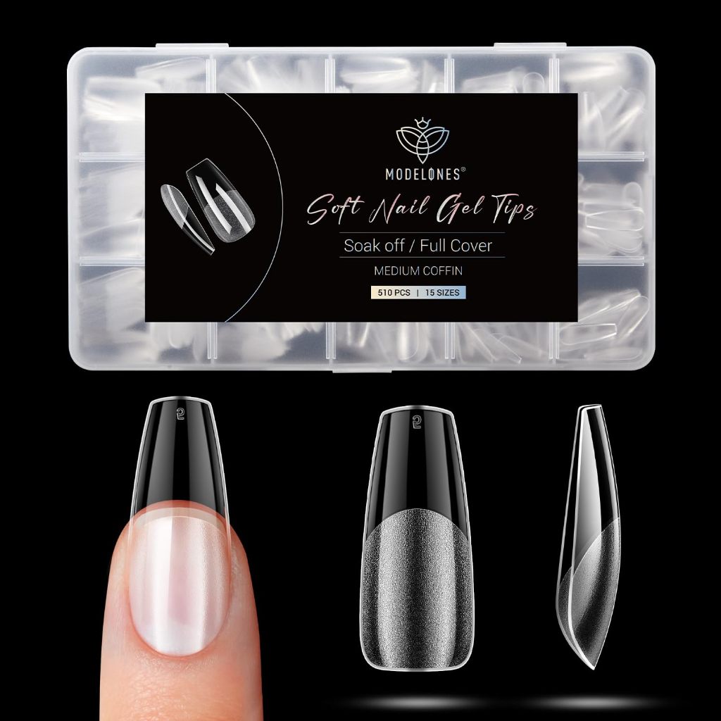 Modelones ปลายเล็บเจลเคลือบด้านครึ่งเล็บเต็มเล็บ 510 ชิ้น อะคริลิคใส ทรงโลงศพ 15 ขนาด สำหรับช่างและ