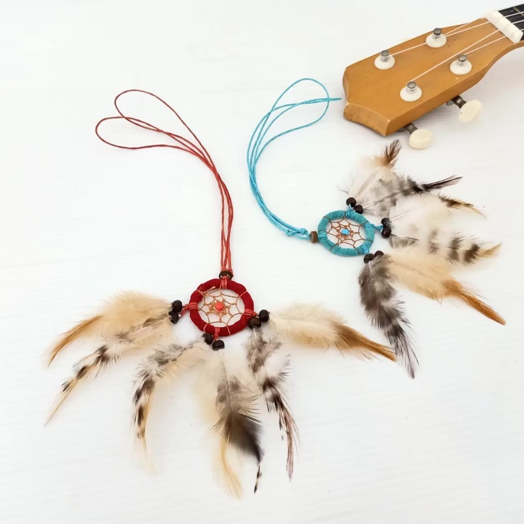 สร้อย chocker โชคเกอร์ ไซด์เอส แต่งขนนกลายน้ำตาล และตาข่ายดักฝัน สายปรับได้ พร้อมส่งจากไทย