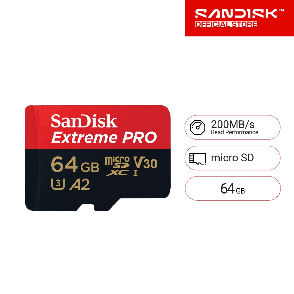 SanDisk Extreme Pro microSDXC 64GB  A2 (SDSQXCU-064G-GN6MA) ความเร็วสูงสุด อ่าน 200MB/s เขียน 90MB/s