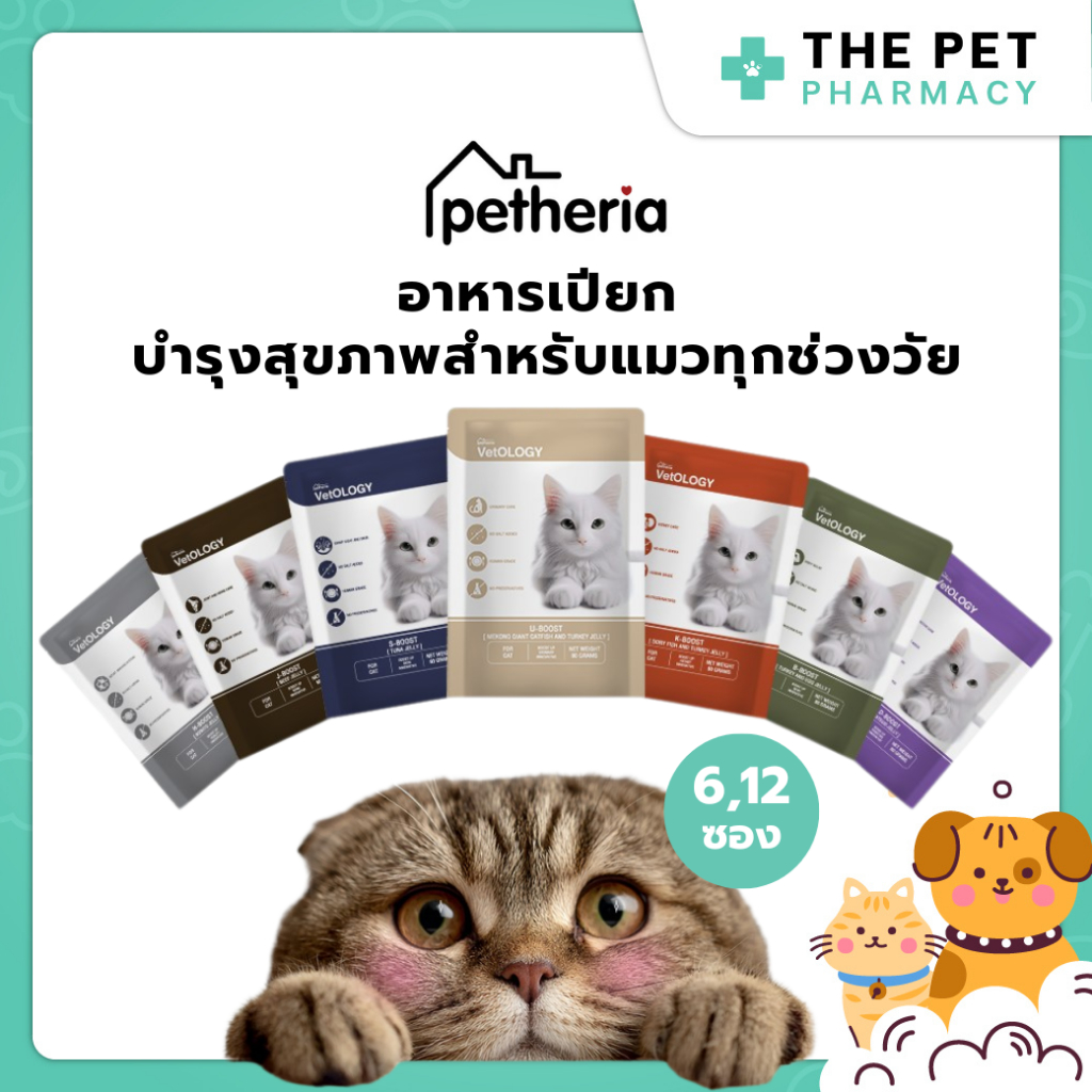(6ซอง,12ซอง) Petheria VetOLOGY เพ็ทเทอเรีย เปียกแมว คัดสรรวัตถุดิบพิเศษ Human Grade ไม่เติมเกลือ 80 กรัม