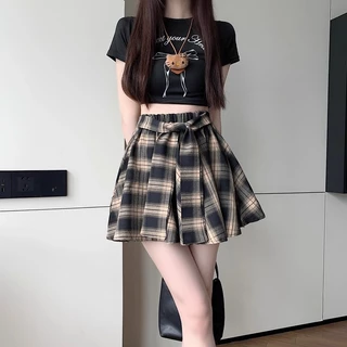 S~5XL Mini Plaid skirt สีน้ำตาล กระโปรงลายสก็อตเอวสูงสไตล์เกาหลีเรโทร กระโปรงสั้นทรงเอไลน์แบบไม่สมมาตรสุดเก๋ HOT