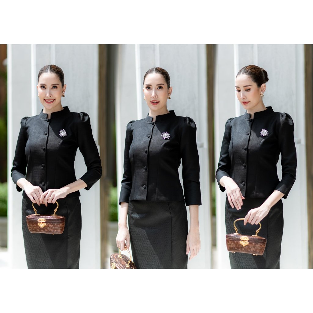 ชุดไทย ชุดจิตรลดา ไหมหม่อนลาว เสื้อกับผ้าถุงเนื้อผ้าเดียวกัน (ได้ทั้งชุด) ชุดไทยสีดำ อัดกาว รหัส วง กต