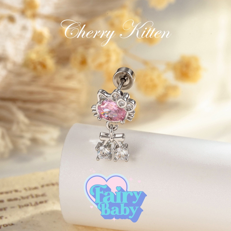 Fairybaby จิว Cherry Kitten ( 1 ชิ้น ) แป้นแบน จิวตุ้มหู น่ารัก ตุ้งติ้ง น้องแมว คิตตี้ สีชมพู เชอร์รี่ มาใหม่ (J3-036)