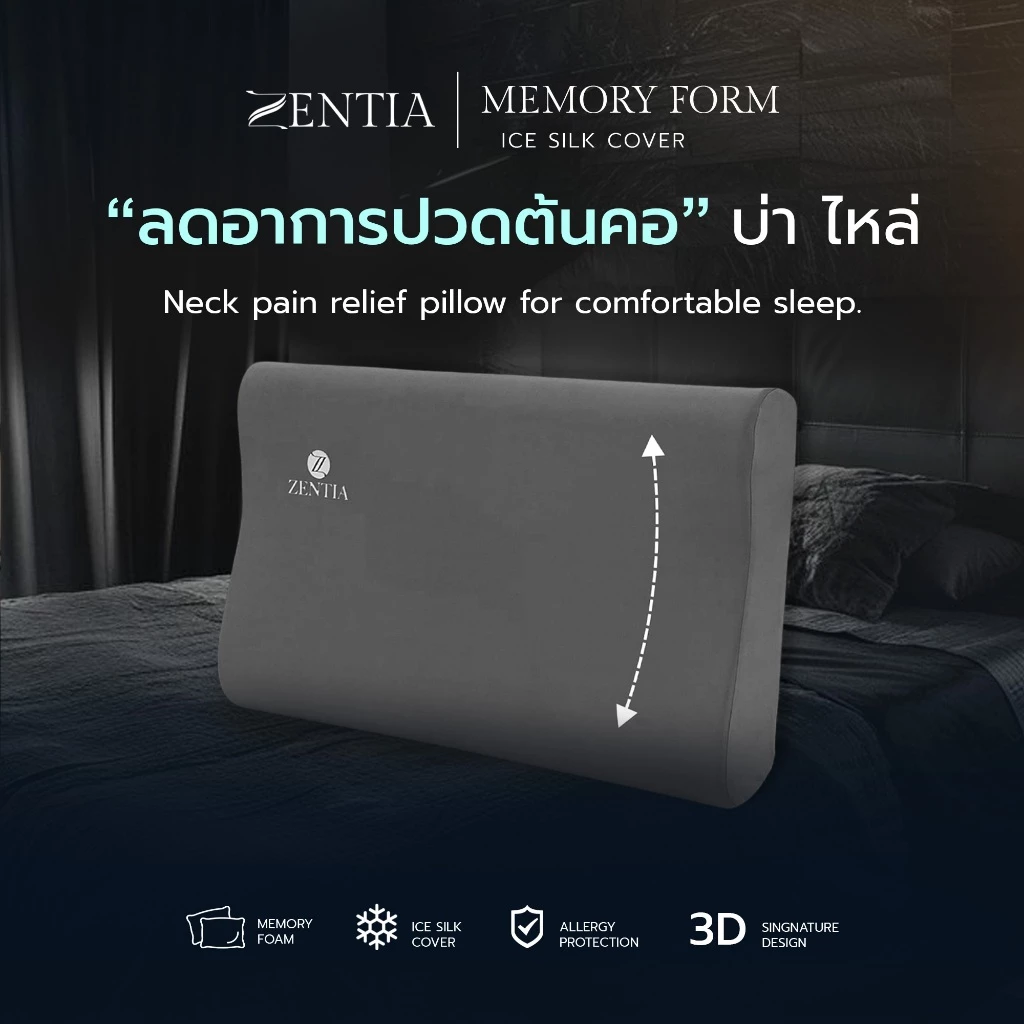ZENTIA หมอน Memory Foam ซิปถอดซักได้ ลดปวดคอ ไม่เป็นแหล่งเชื้อแบคทีเรีย [MM-02]