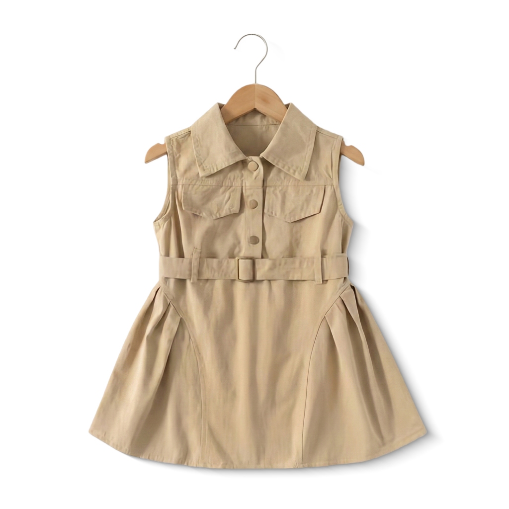 【พร้อมส่ง】แฟชั่น เด็กสาวโปโลปกแขนกุดชุดผ้าฝ้ายกับเข็มขัดฤดูร้อนเด็กสาวจีบกระโปรง