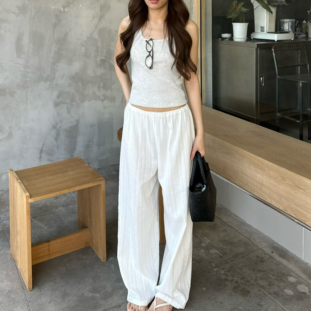 (พร้อมส่ง)Simple voile pant กางเกงขายาวผ้าฝ้ายเอวยางยืด กางเกงชายหาด รูปที่ 7