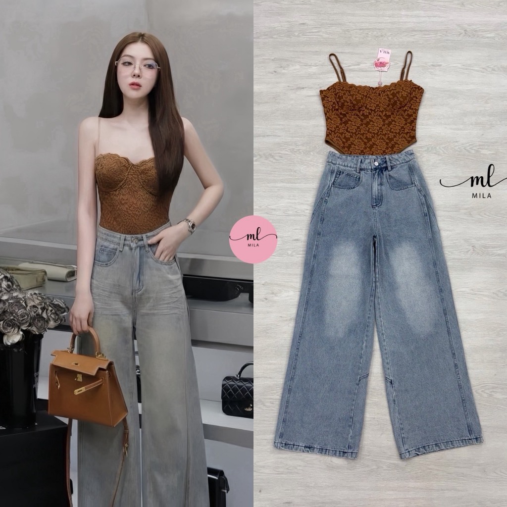MILA เซทเสื้อบอดี้สูทน้ำตาล++กางเกงยีน