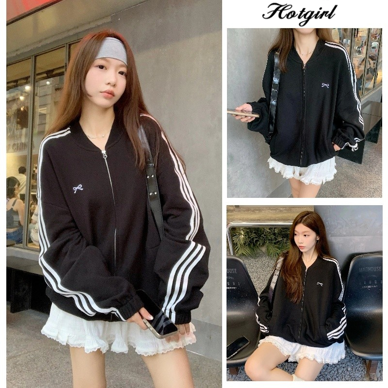 Hotgirl พร้อมส่ง เสื้อแจ็คเก็ตสไตล์ย้อนยุคอเมริกัน ทรงหลวม ลำลอง ปักโบว์ สำหรับผู้หญิง