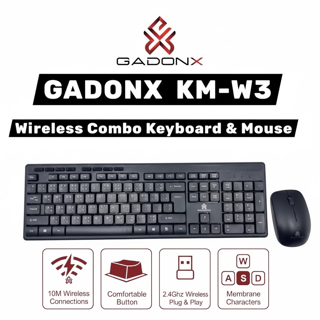 GADONX KEYBOARD COMBO คีย์บอร์ดไร้สาย คีย์บอร์ด+เม้าส์ Wireless รุ่น KM-W3 รับประกัน 1 ปี
