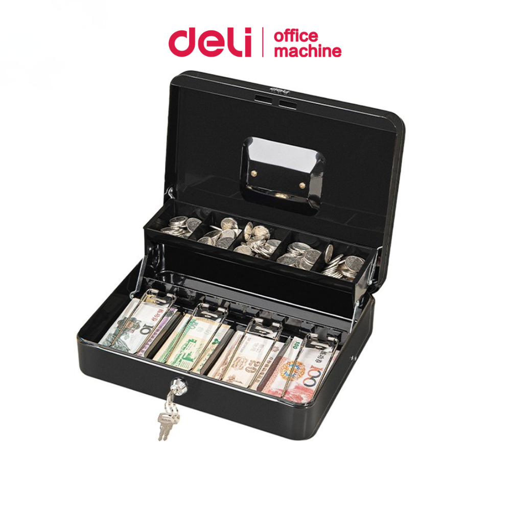 Deli เซฟหิ้ว กล่องเหล็กเก็บเงิน เซฟพกพา มีช่องแยกเก็บเหรียญและแบงค์ ล็อคแน่นปลอดภัย Cash Box