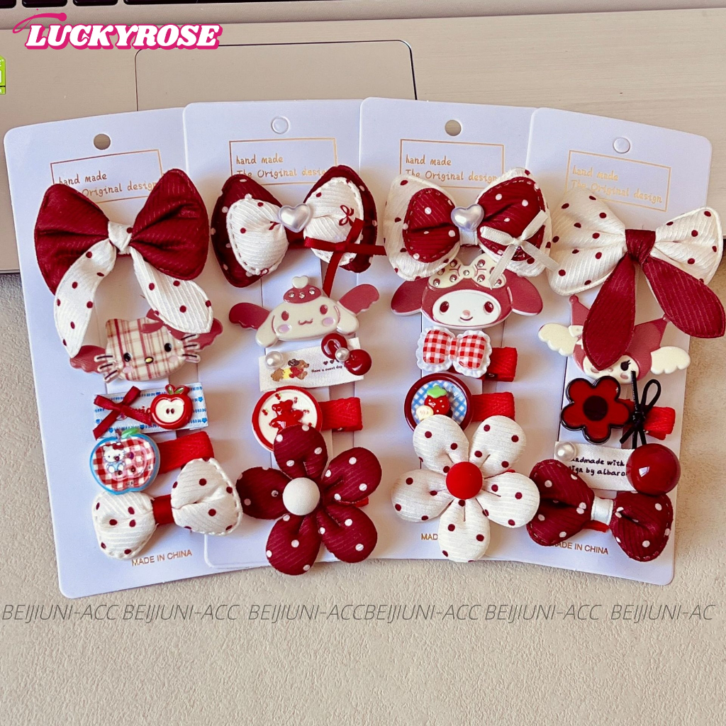 LUCKYROSE กิ๊บติดผมการ์ตูนน่ารักสไตล์เกาหลี โบว์สีแดงไวน์ลายจุด สำหรับเด็กสาว