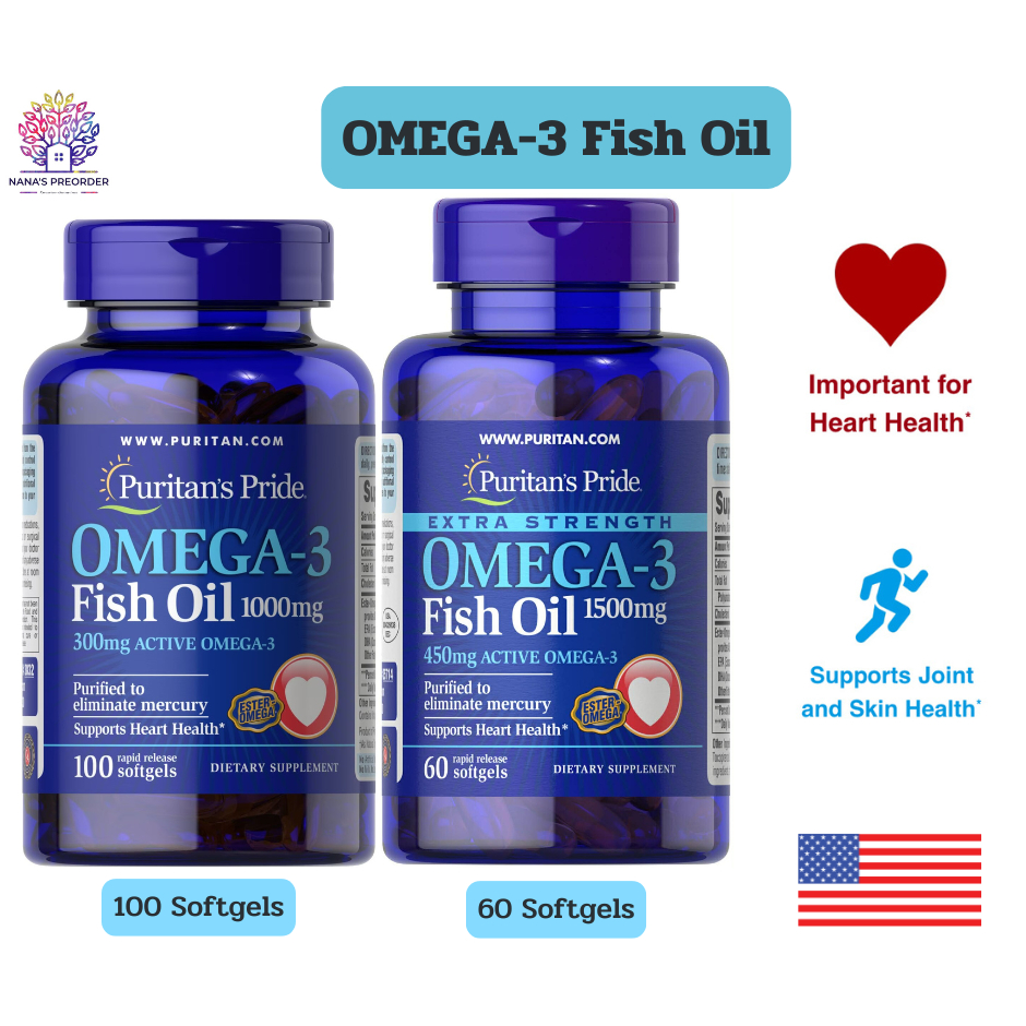 Puritan's Pride Omega-3 Fish Oil น้ำมันปลา 1,000 mg ขนาด 100 เม็ด และ 1,500 mg ขนาด 60 เม็ด ของแท้นำเข้าจากอเมริกา 🇺🇸