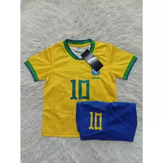 เสื้อกีฬาฟุตบอลเด็กแขนสั้น ลายทีมชาติบราซิล 2023 พร้อมสกรีนชื่อ+เบอร์ สินค้าคุณภาพA