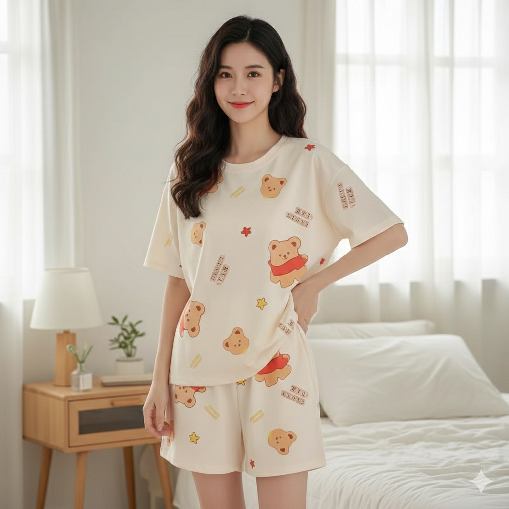 ชุดนอนเซ็ต ผ้าเด้งนิ่น มีบราในตัว แขนสั้น กางเกงขาสั้น ลายน่ารัก ผ้าใส่สบาย รหัสQZ - รูปที่ 3