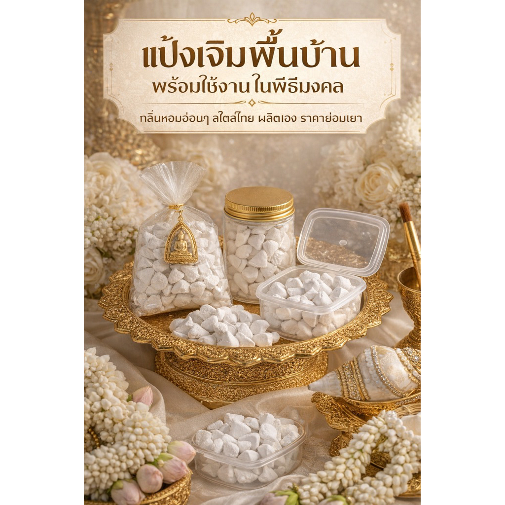 แป้งเจิมมงคลพื้นบ้านแท้ กลิ่นหอมอ่อน ๆ แบบไทย สำหรับพิธีเจิมบ้าน เจิมรถ เจิมร้านค้า ราคา 10 บาท
