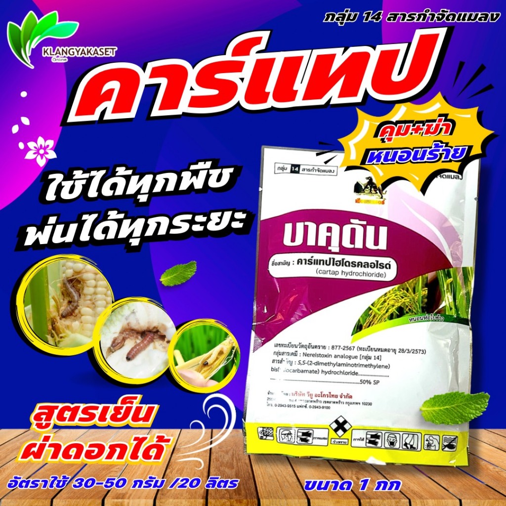บาคุดัน 1 กก คาร์แทป 99 ไฮโดรคลอไรด์ 50%SP หนอนทุกชนิด เพลี้ยอ่อน หนอนเจาะ แมลงบินต่างๆ ด้วงหมัดผัก