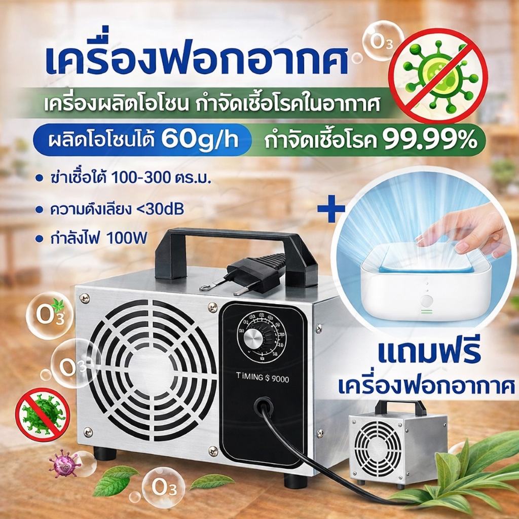 เครื่องทำโอโซนฆ่าเชื้อโรค Ozone Generator ion เครื่องฟอกอากาศ 60g/hours ใช้ฆ่าเชื้อโรค ดับกลิ่นอับ ไม่มีสารตกค้าง