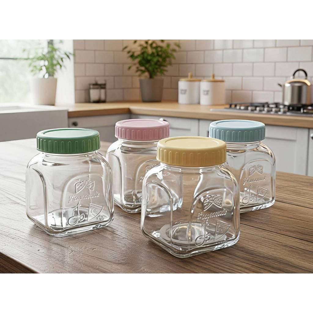 ขวดโหลแก้วฝาสี สำหรับใส่เครื่องปรุง โหลแก้วฝาปิดพลาสติก ขนาด 500 ml. รุ่น 4421