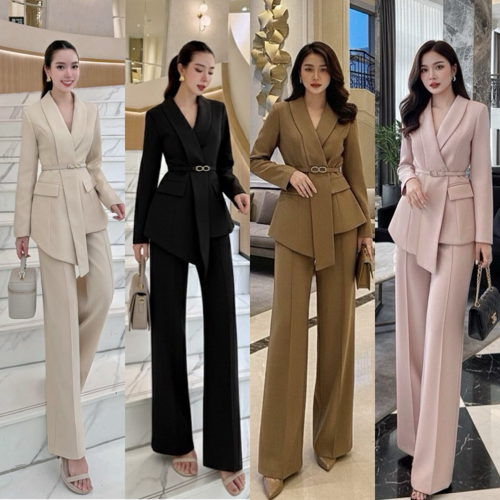 พร้อมส่ง•LA LA BELLE• เซตสูท3ชิ้นเสื้อสูทแขนยาวทรงคอพับปกทิ้งชาย  กางเกงขายาวทรงเอวสูงตีเกล็ดหน้า มาพร้อมเข็มขัดเข้าชุด