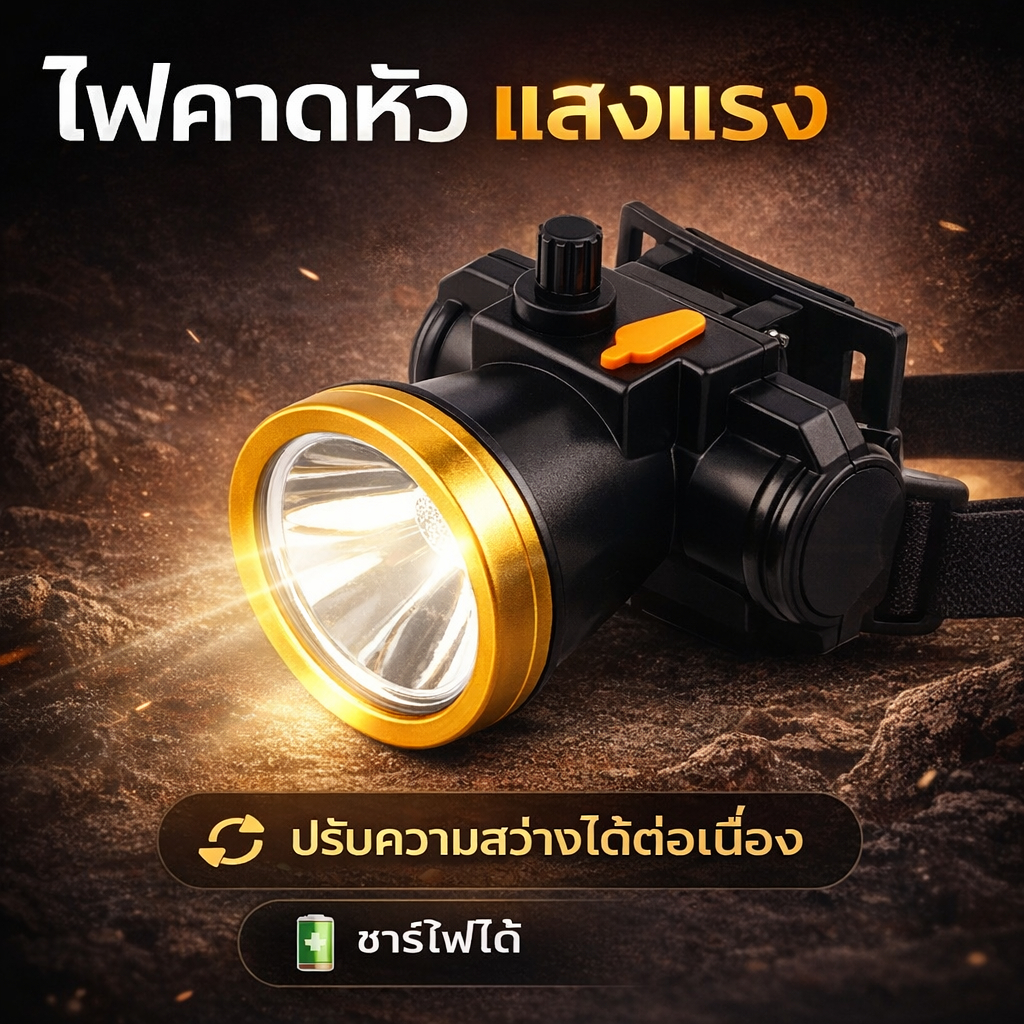 ไฟฉายคาดหัว LED หรี่แสงได้แบบหมุน ปรับระดับแสงไม่จำกัด แบตเตอรี่ในตัว ชาร์จได้ แสงขาว แสงเหลือง