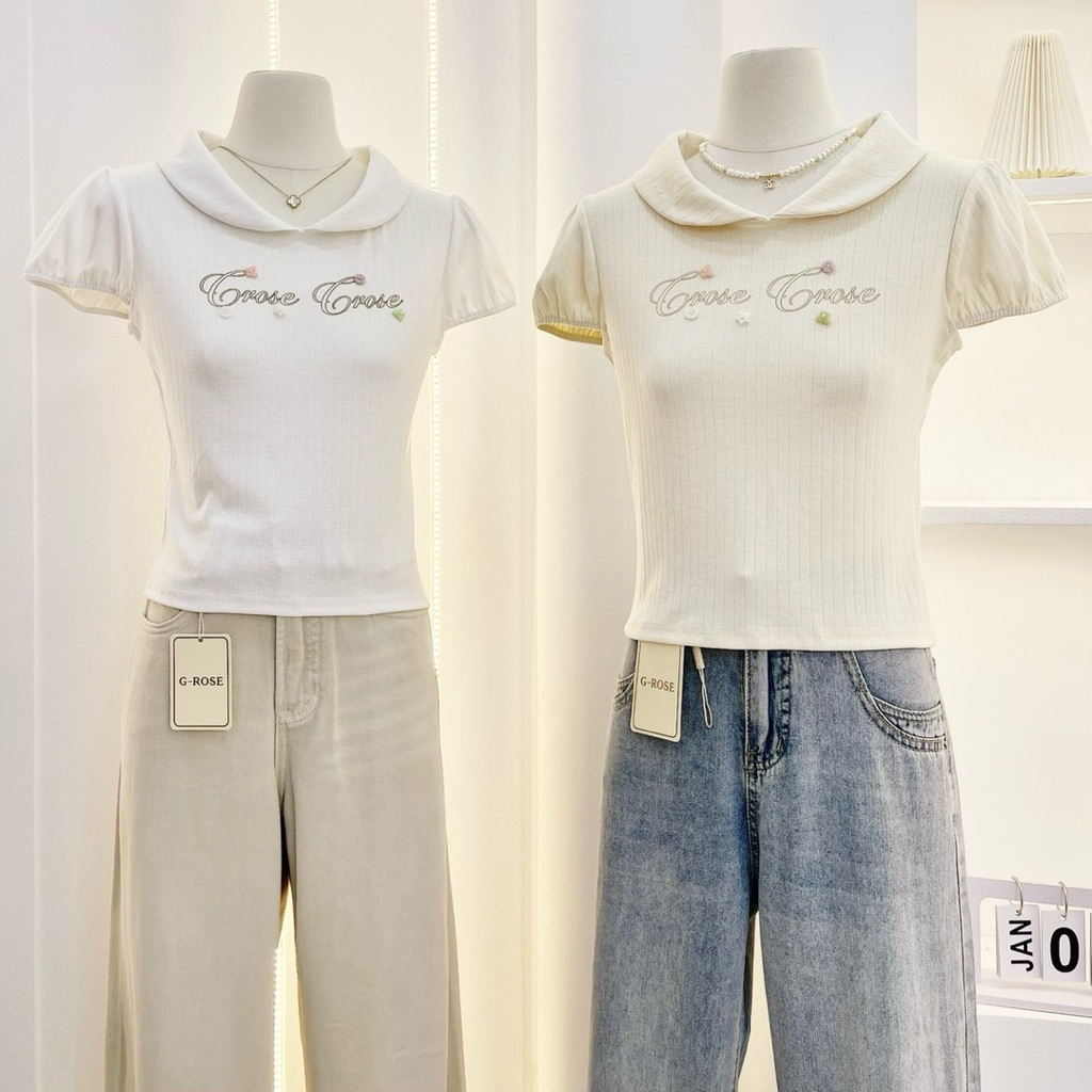 miniminey❤️ เสื้อยืดคอบัว ผ้าร่อง แต่งกระดุมสุดคิวท์ งานG-ROSE