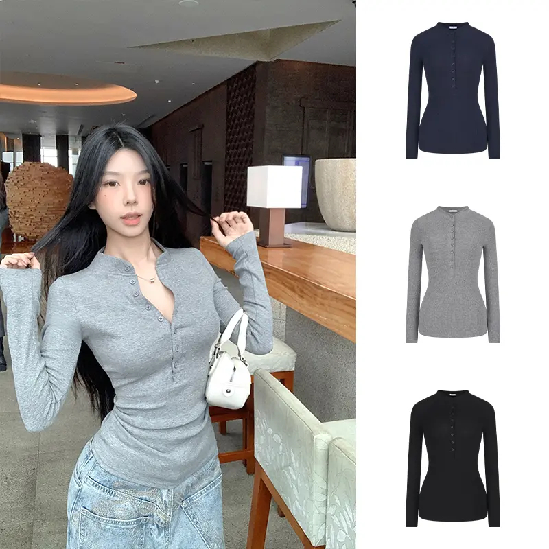 เสื้อยืดแขนยาวติดกระดุม สไตล์เรียบหรู มีดีไซน์ ทรงเข้ารูป
