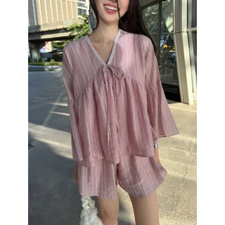 ส่งทันที 🚨 เพิ่มซับใน ขาว/เหลือง/ฟ้า SLYQ BELLE V NECK BLOUSE & SHORTS SET เซ็ตเสื้อเบลาส์แขนยาวคอวีและกางเกงขาสั้น