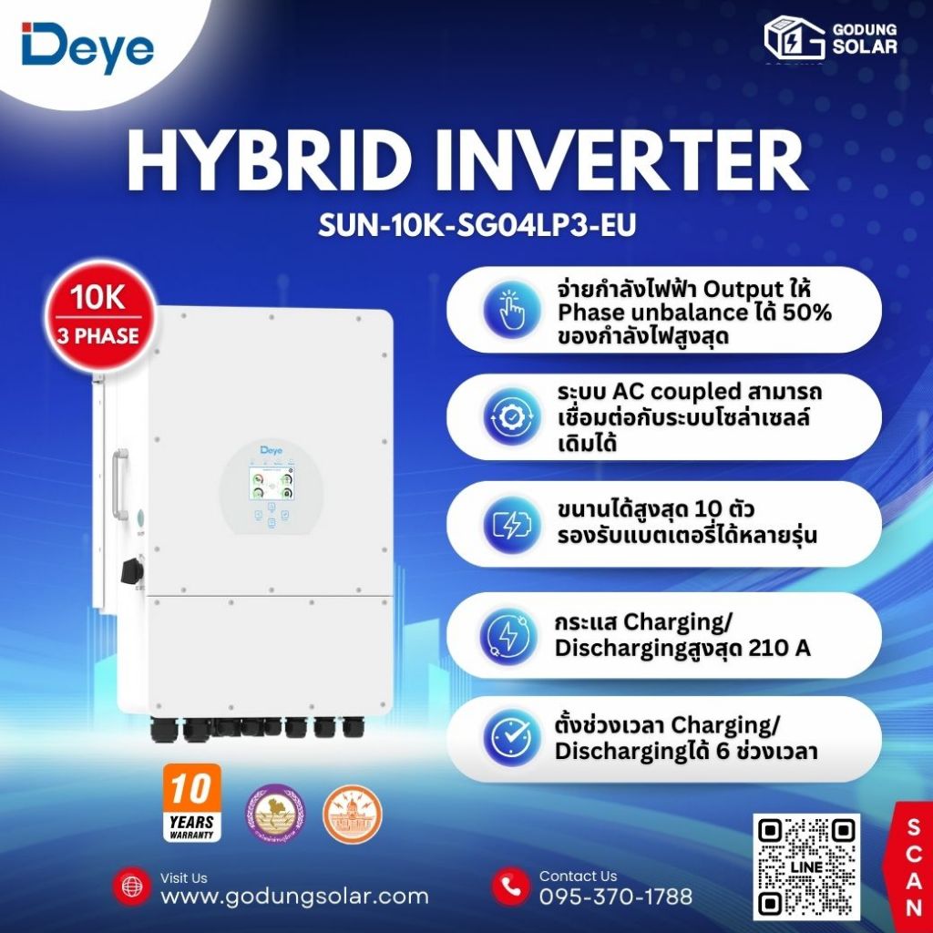 Deye Hybrid Inverter 3 Phase 10 kW อินเวอร์เตอร์ไฮบริด พร้อมกันย้อนเเละWifi