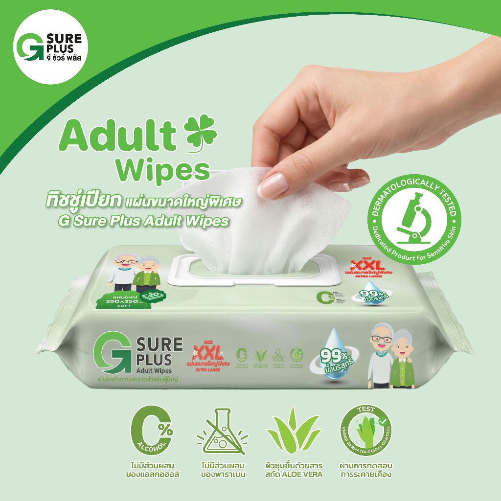 จีชัวร์พลัส ทิชชู่เปียก ผ้าเปียก กระดาษ เช็ดทำความสะอาด แผ่นขนาดใหญ่ แพ็ค 50 แผ่น G Sure Plus Adult Wipes XXL 50 Pcs.