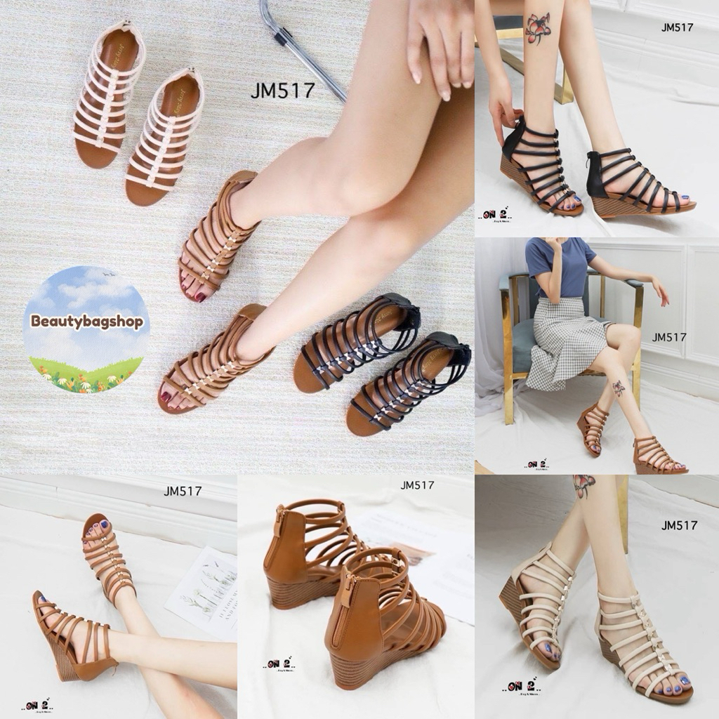 🩷new🩷 store code jm517 รองเท้าทรงGladiator หน้าสานงานเสริมส้นสูง เป็นซิปหลังใส่ง่ายถอดสะดวกคู่ พื้นน