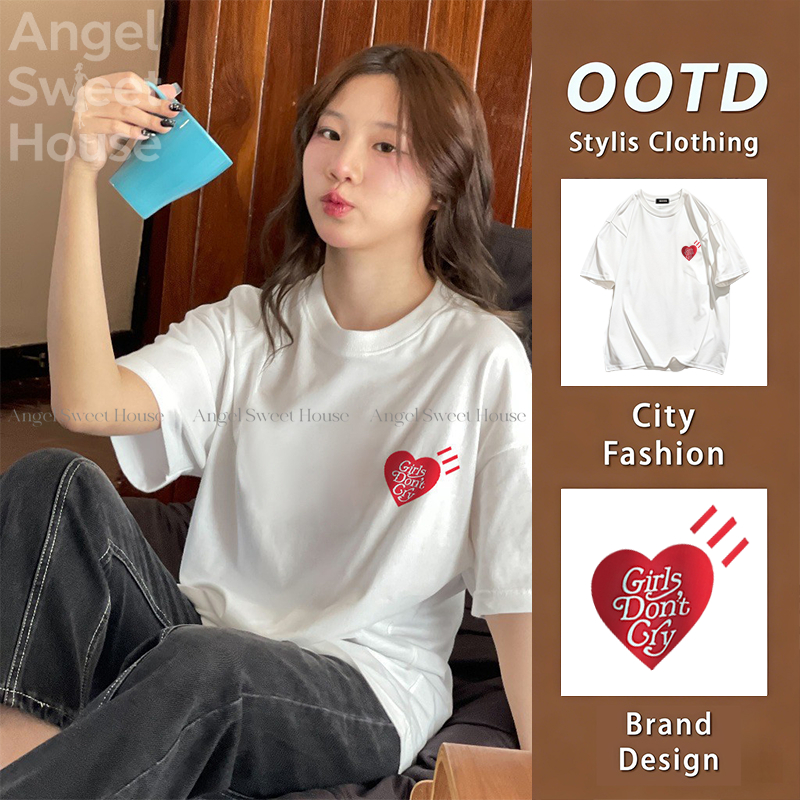 (จัดส่งตลอด 24 ชั่วโมง）Angle Official  ตัวอักษรแฟชั่นที่เรียบง่ายพิมพ์เสื้อยืดแขนสั้นหลวม