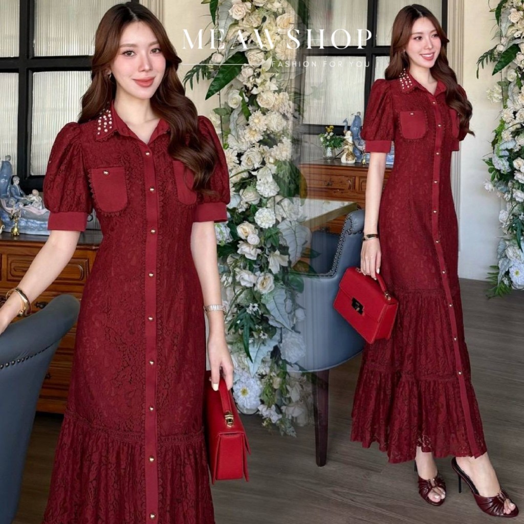 S-3XL เดรสยาวผ้าลูกไม้ทั้งชุด คอปกตกแต่งคริสตัลเพชร ชุดไปทะเล ชุดไปคาเฟ่ ชุดทำงานผู้หญิง ชุดออกงาน ช