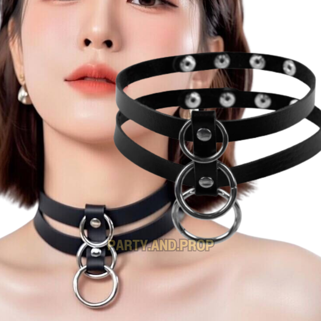 สร้อยคอโชกเกอร์หนังสีดำ สามห่วง สไตล์ Punk Sexy