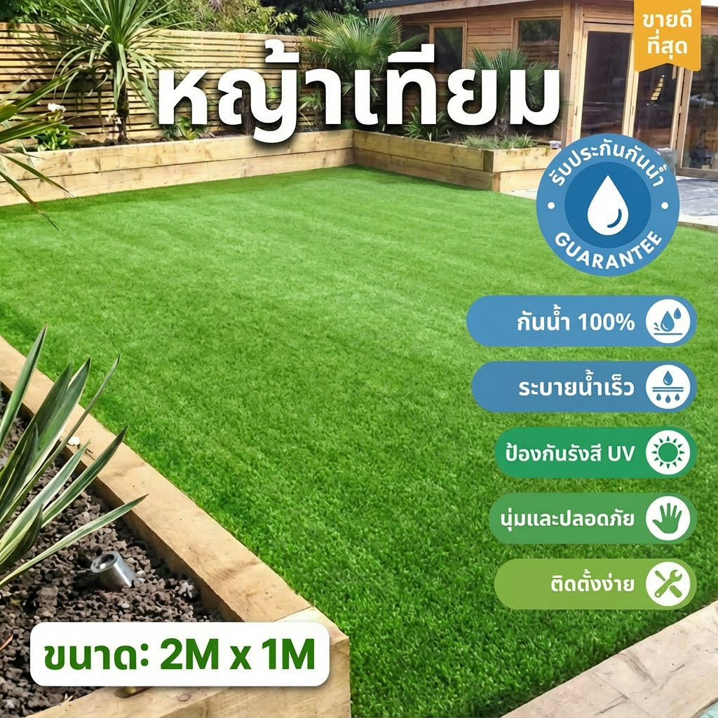 หญ้าเทียม 3 ซม. ขนาด 2x5 ม. กันน้ำ ระบายน้ำดี ไม่อับชื้น เหมาะสำหรับใช้งานกลางแจ้ง