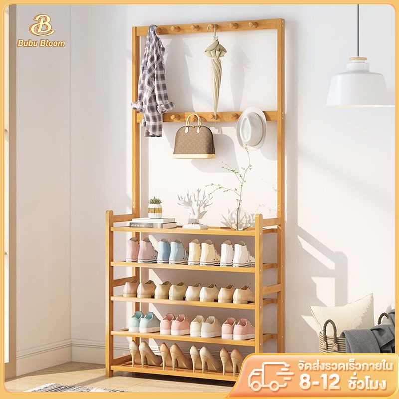 🛒 [Bubu] ราวแขวนเสื้อผ้า ชั้นวางรองเท้า พร้อมตะขอแขวนเสื้อ+หมวก มีที่วางรองเท้า ชั้นวางเป็นผ้า กันน้ำ