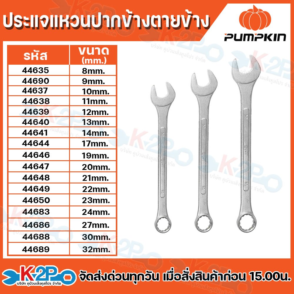PUMPKIN แหวนข้างปากตายข้าง ประแจแหวนปากข้างตายข้าง มีให้เลือกหลายขนาด เบอร์ 8มม.-21มม. ประแจ