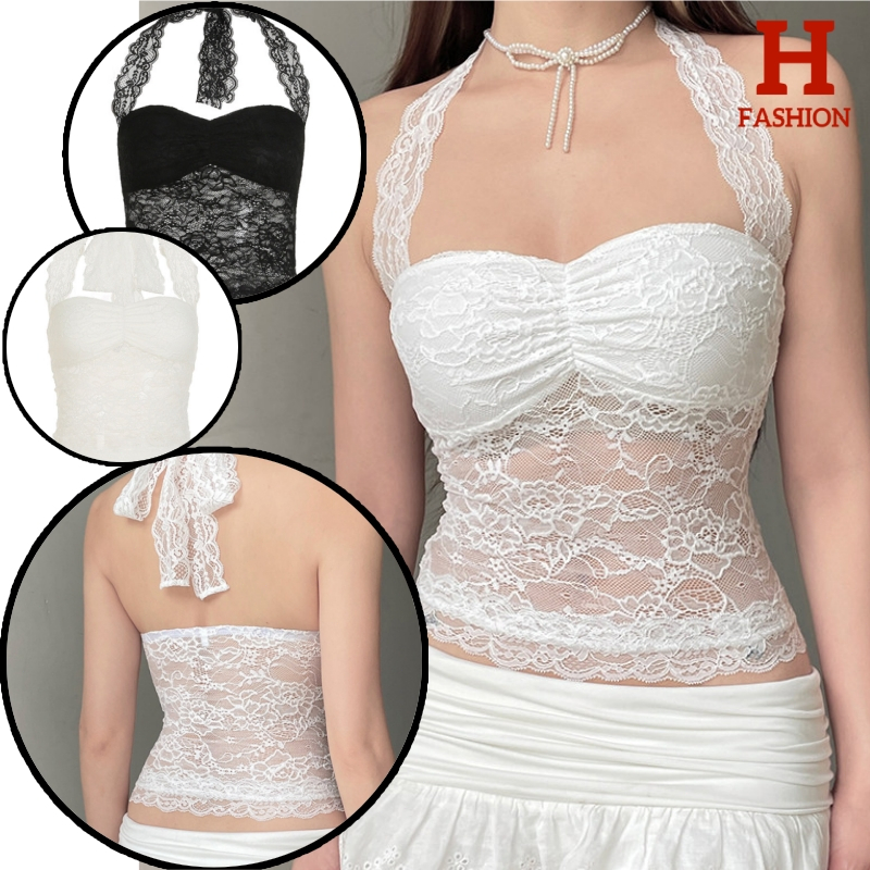 HOT เสื้อคล้องคอ มีฟองน้ำ ดีเทลลูกไม้ สีพื้น FY2255 – โปรปัง